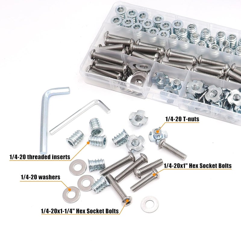 weideer 140PCS 1/4"-20 T-Nuts,1/4"-20 Threaded Inserts for Wood,304 Stainless Steel Bolts,Button Head Hex Socket Bolts with Washers Hex Wrench - Image 3